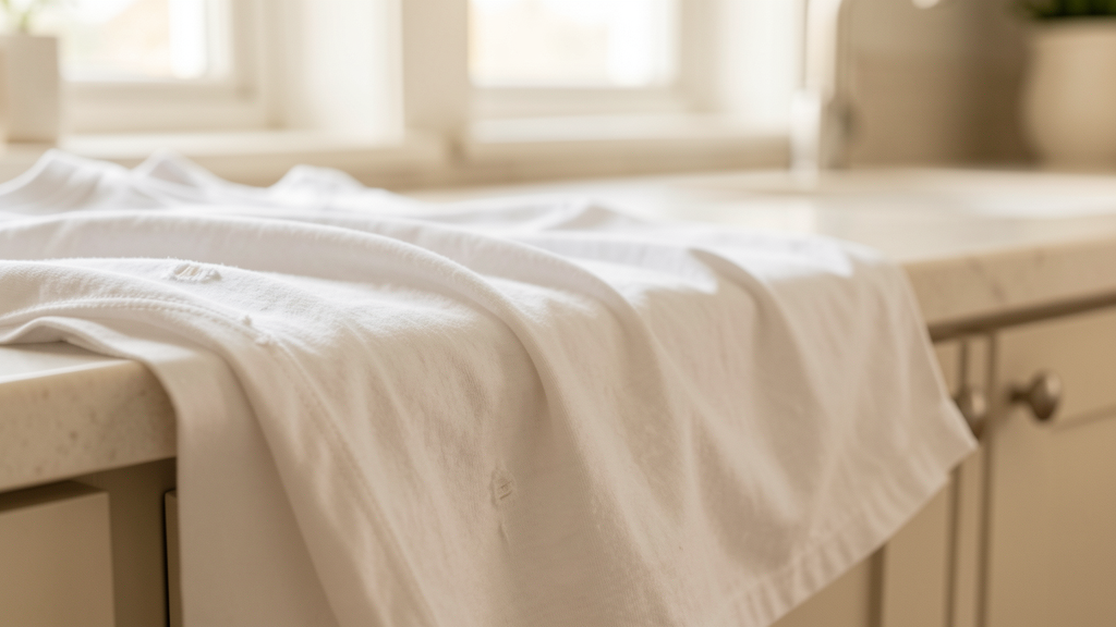 White cotton t-shirt draped over a kitchen counter — fabric care and everyday wear