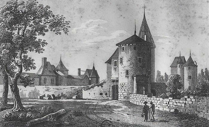 Jean-Jérôme Baugean, View of Château de Montaigne, c. 1800 — the tower at centre is where Montaigne wrote Les Essais. Public domain.