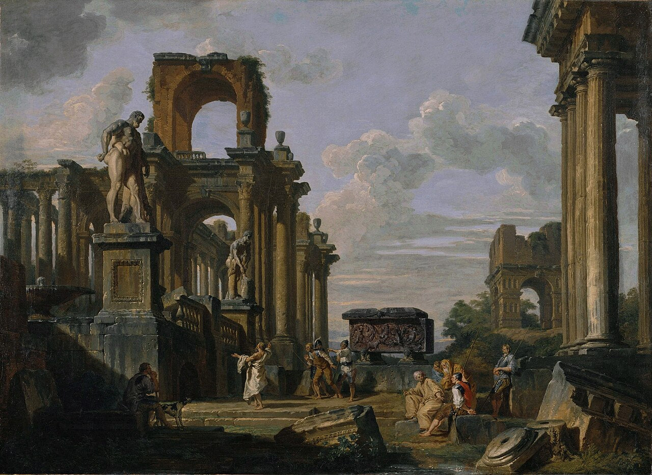 Giovanni Paolo Panini, Architectural Capriccio of the Roman Forum with Philosophers and Soldiers, c. 1735. The ruins where Stoic philosophy was actually lived.
