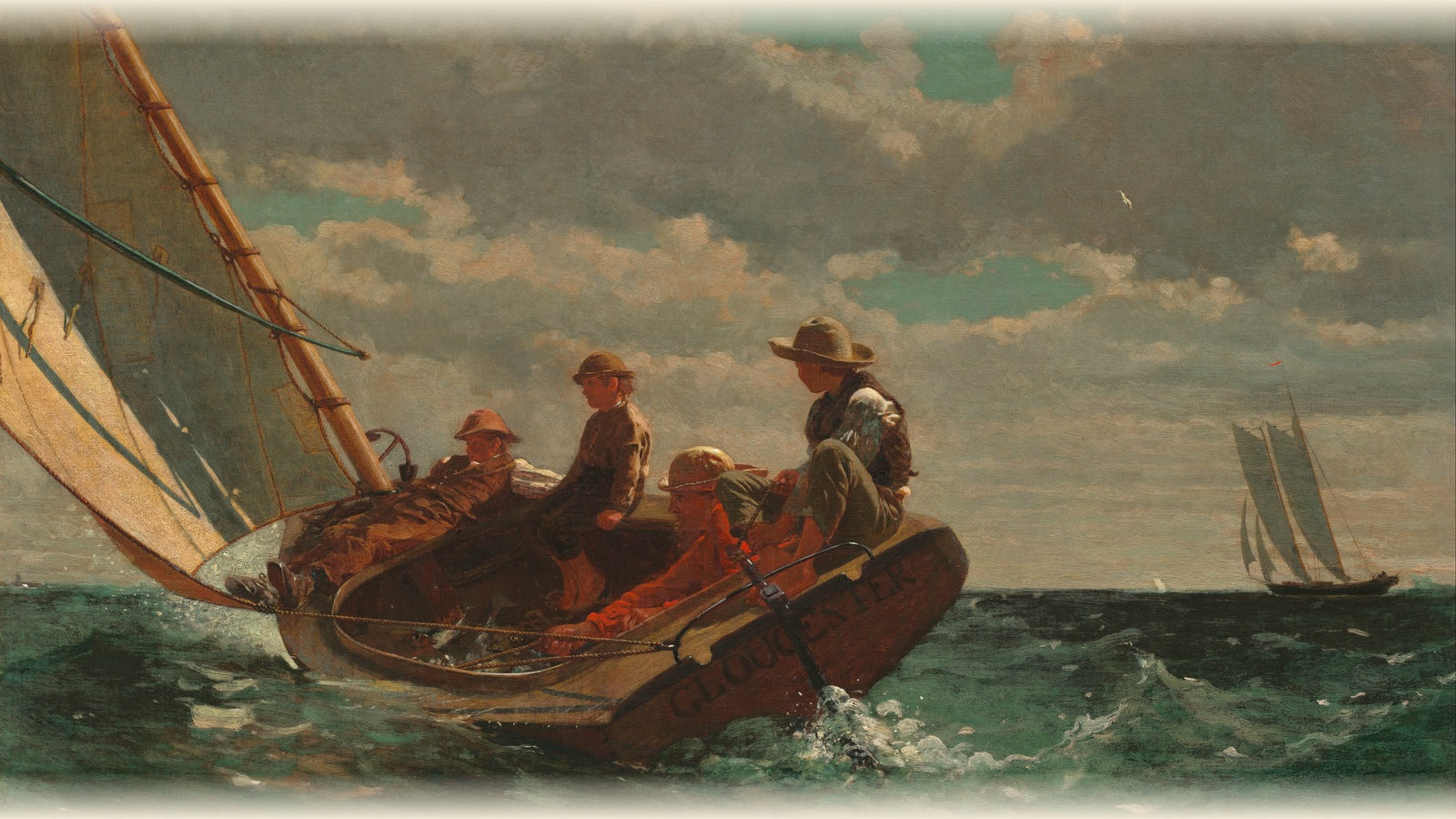 Winslow Homer, Breezing Up (A Fair Wind), 1876 — National Gallery of Art, Washington. Four sailors driving a catboat hard into the wind embody the exact spirit of the man in the arena: striving, exposed to the elements, fully committed to forward motion.