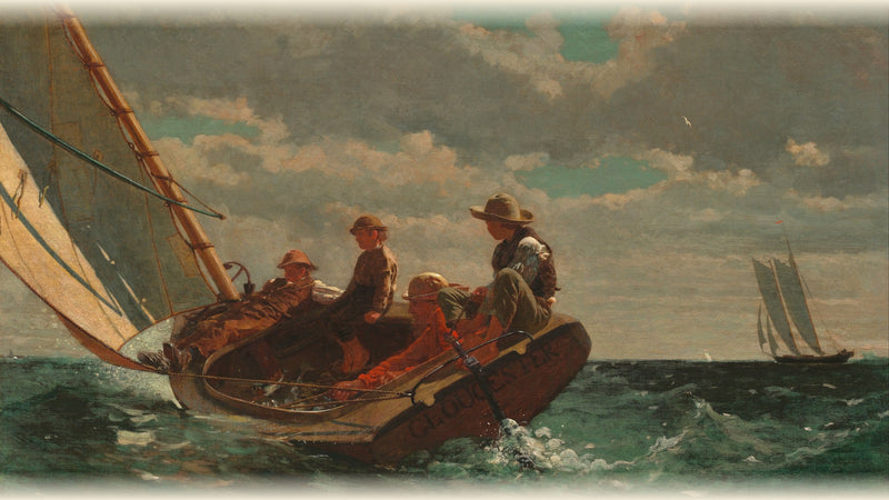 Winslow Homer, Breezing Up (A Fair Wind), 1876 — National Gallery of Art, Washington. Four sailors driving a catboat hard into the wind embody the exact spirit of the man in the arena: striving, exposed to the elements, fully committed to forward motion.