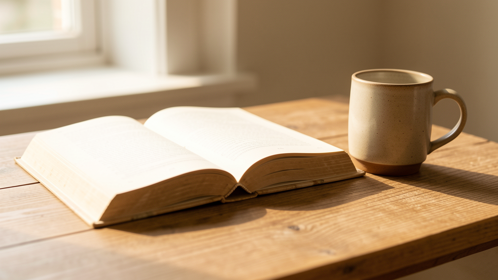 Open book and ceramic mug on a wooden table — Father's Day gifts for the dad who reads