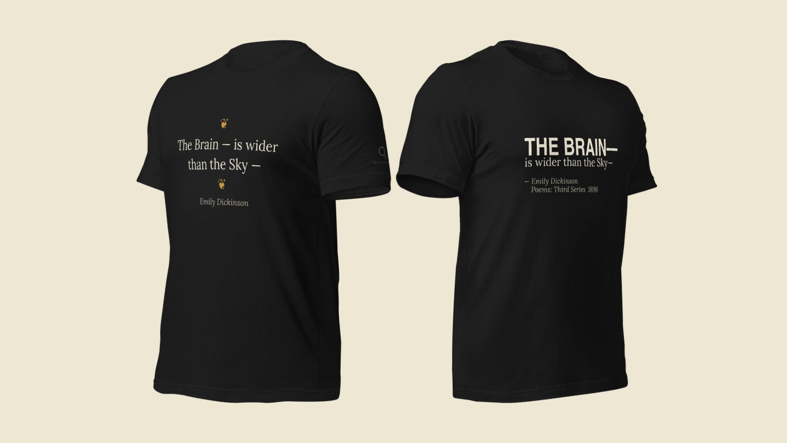 Two Emily Dickinson t-shirt designs side by side — the Fleur de Brainiac and the Wider Sky