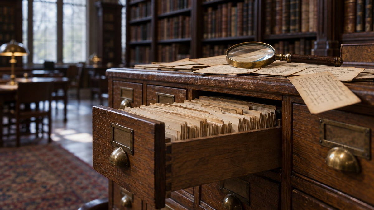 Old library card catalog drawer pulled open, loose index cards drifting off the top under a magnifying glass