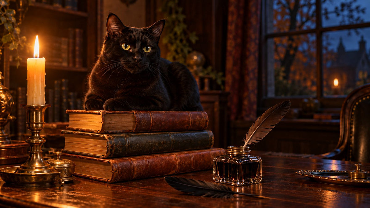 Black cat sitting on a stack of old leather books by candlelight, beside an inkwell and a black quill pen