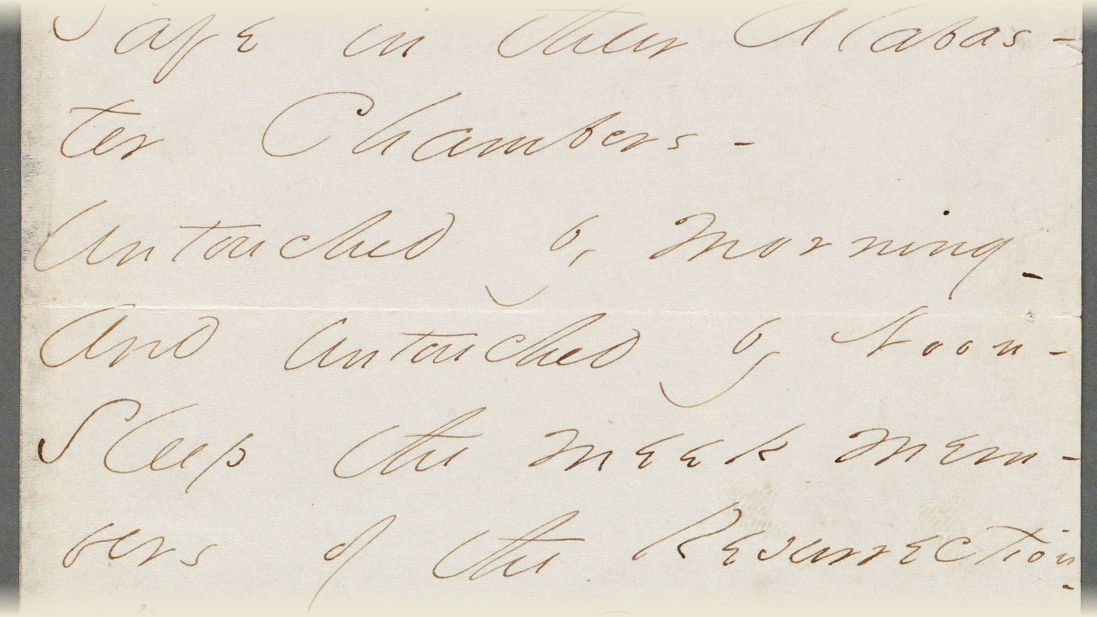 Emily Dickinson, autograph manuscript of 'Safe in their Alabaster Chambers,' 1862 — her handwriting, her dashes, the year she wrote nearly 400 poems. Digital Commonwealth / Amherst College Archives. Public domain.