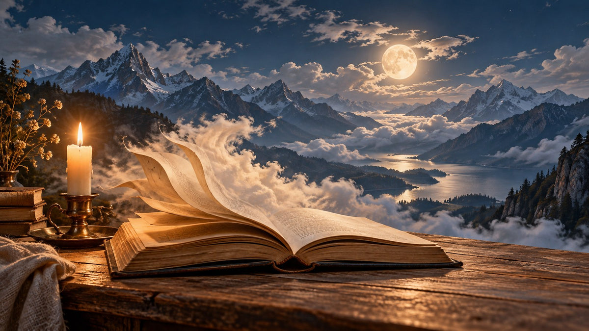 Open book with candlelight and moonlit Alps, atmospheric dark romantic scene