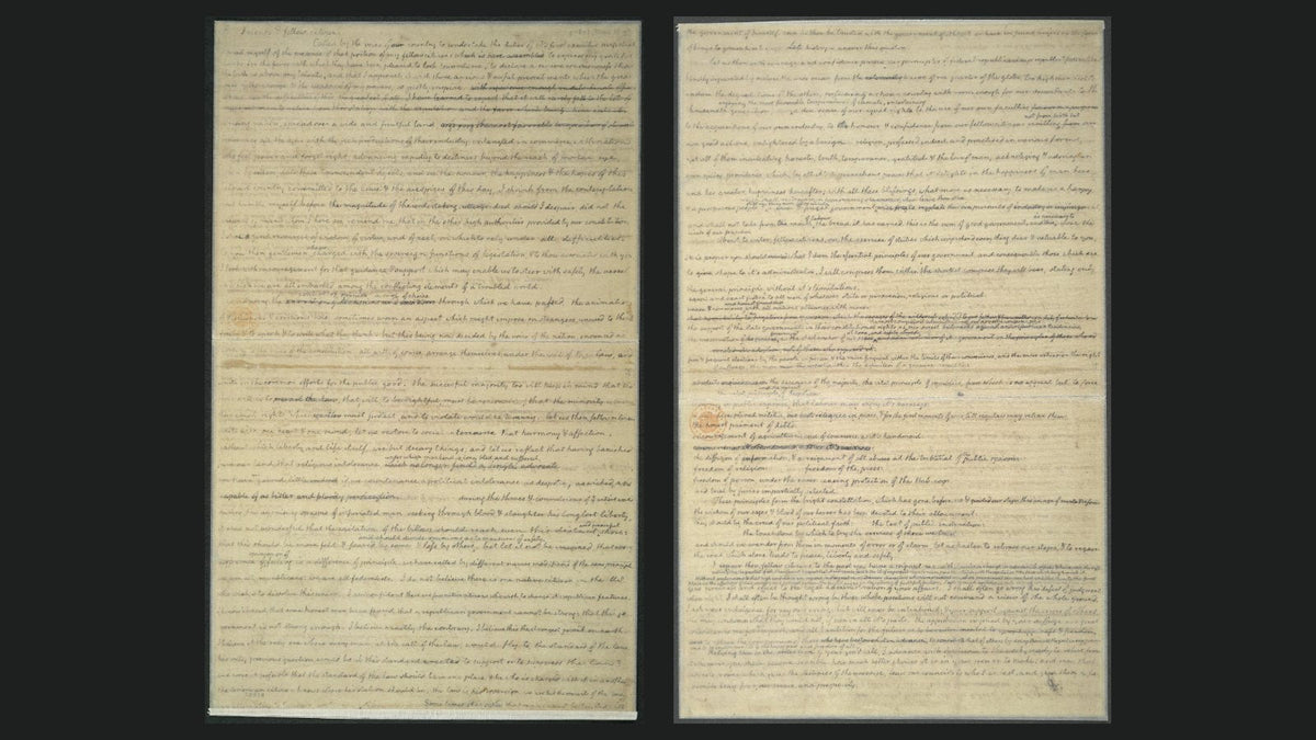 Thomas Jefferson’s handwritten draft of his First Inaugural Address, 1801, two pages from the Library of Congress