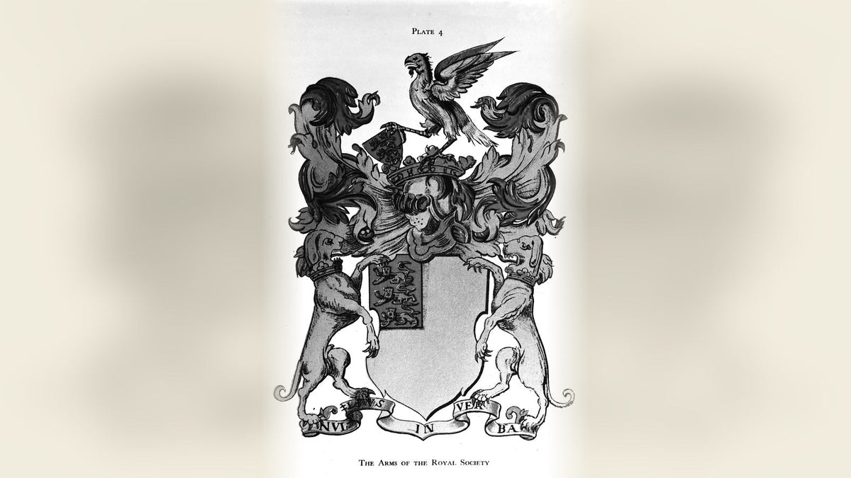 The Arms of the Royal Society, with Nullius in Verba on the scroll — Wellcome Collection engraving