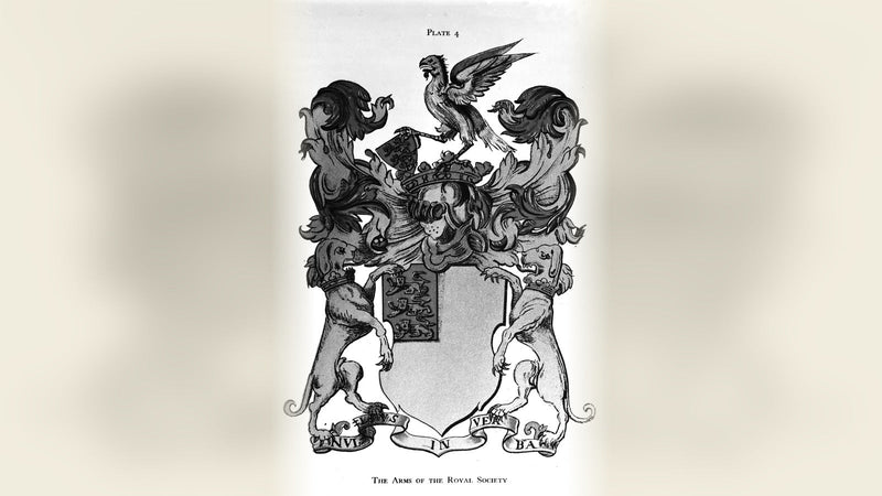 The Arms of the Royal Society, with Nullius in Verba on the scroll — Wellcome Collection engraving