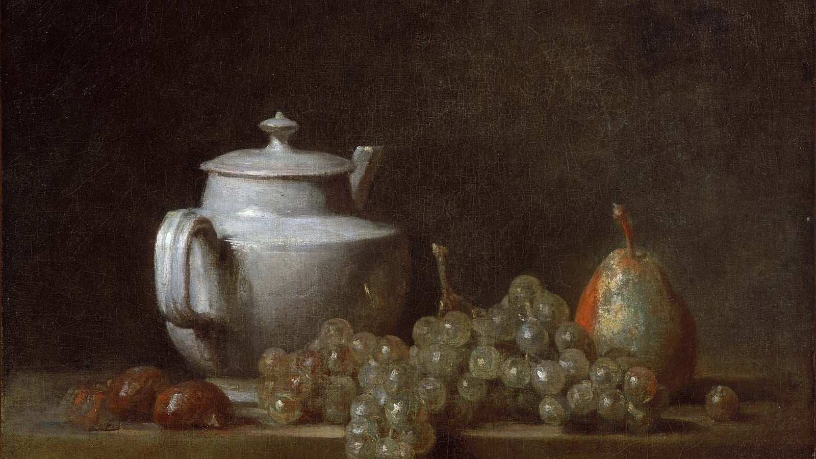 Jean-Baptiste-Simeon Chardin, Still Life with Teapot, Grapes, Chestnuts, and a Pear, c.1760. Museum of Fine Arts, Boston. Public domain.