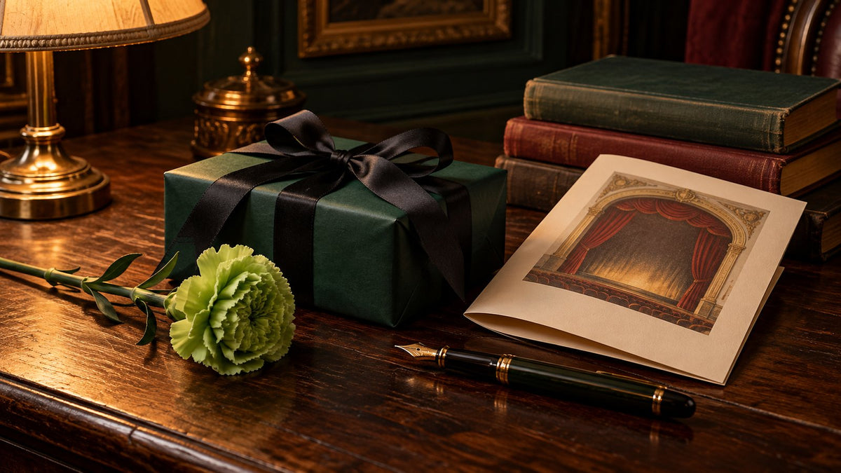 Green carnation, fountain pen, theatre card and a gift wrapped in dark green paper on a lamplit wood desk