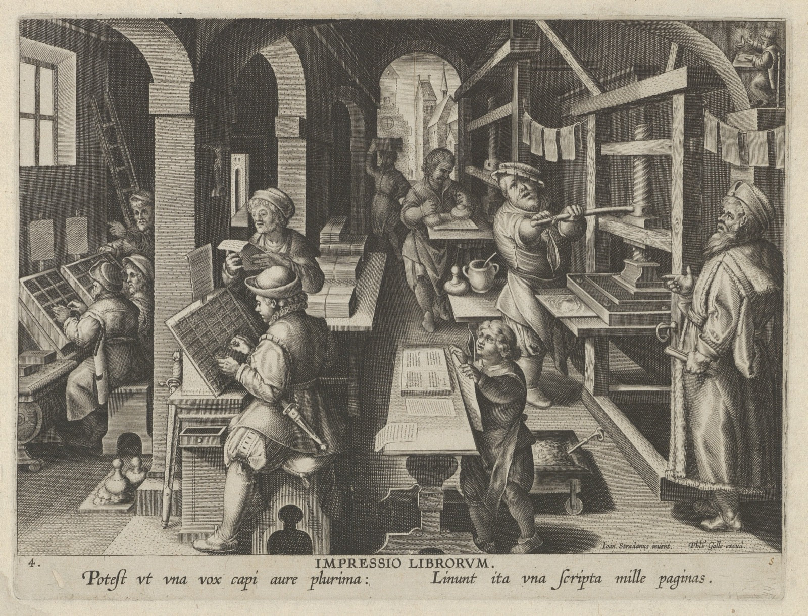 Renaissance printing workshop, c. 1580 — compositors, proofreaders and pressmen at work. Engraving by Jan van der Straet (Stradanus). Public domain.