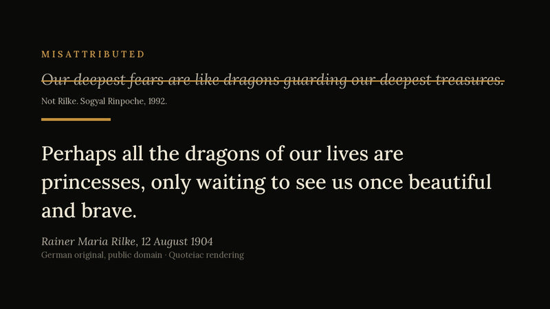 Misattributed quote struck through in gold beside the verified Rilke passage from Letters to a Young Poet, 1904. Dark editorial hero image.