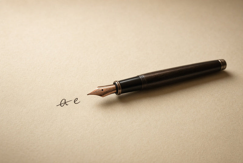 Fountain pen on parchment writing the letters 'a e' — one letter makes the difference between Jessie Lemont and Jessie Lamont