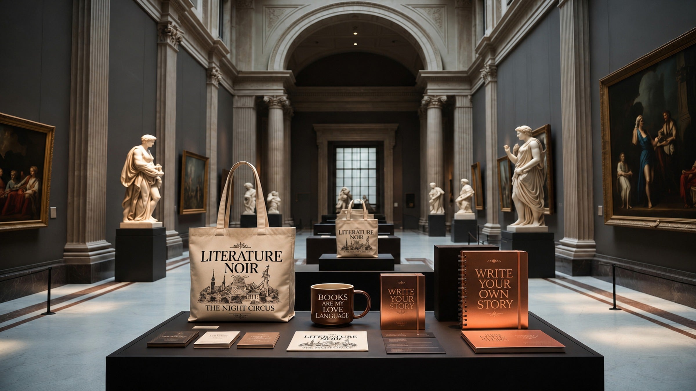 Museum hall with classical art beside literary quote merchandise on a gift shop table