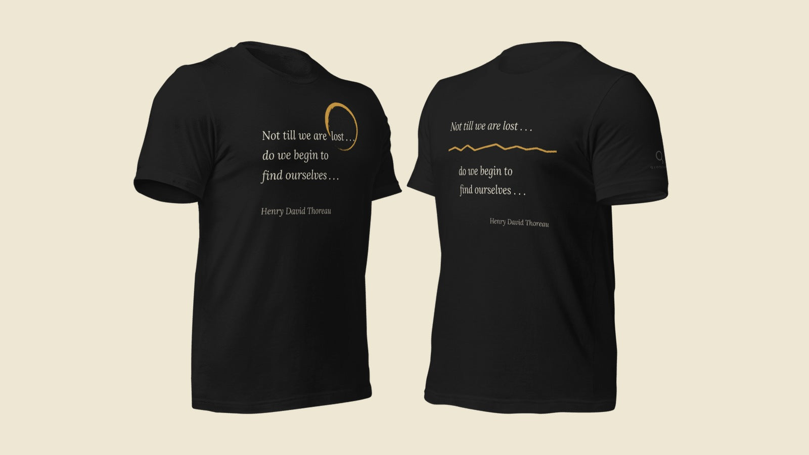 Two Thoreau quote t-shirt designs side by side — the Find Ourselves Tee with enso circle and The Gold Seam Tee with kintsugi line