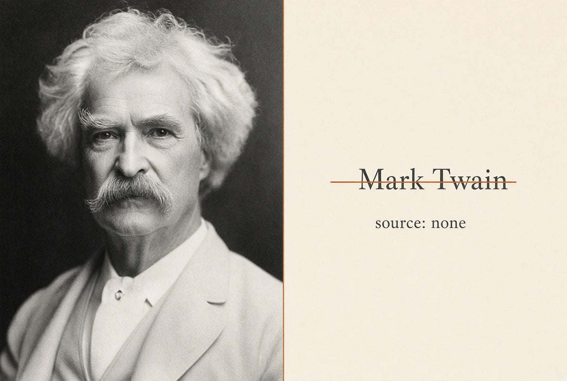 Mark Twain portrait with text: source: none