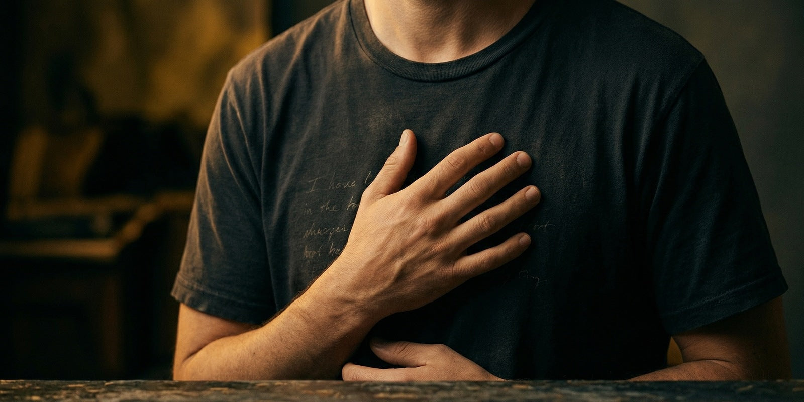 Person in a dark worn t-shirt, hand over heart, at a wooden table — the psychology of wearing a quote you believe