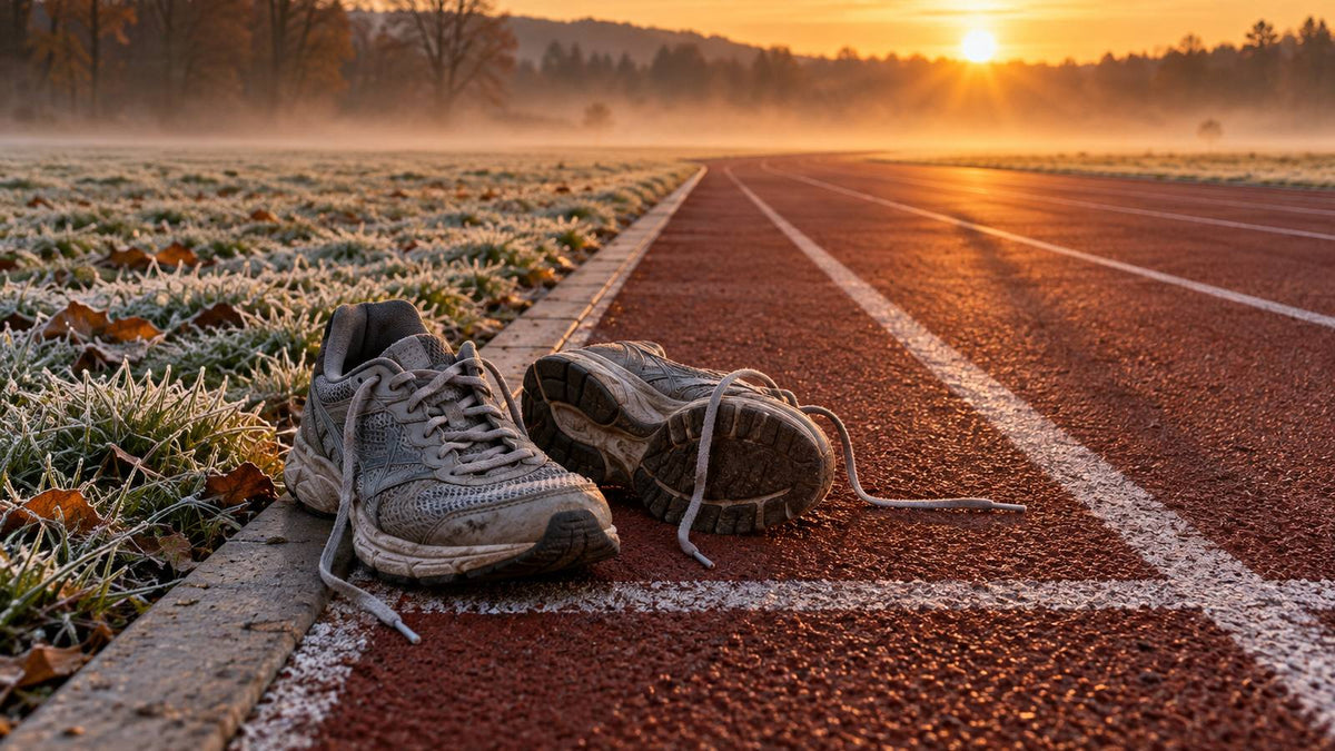 Worn running shoes on the curb of an empty frosty running track at sunrise