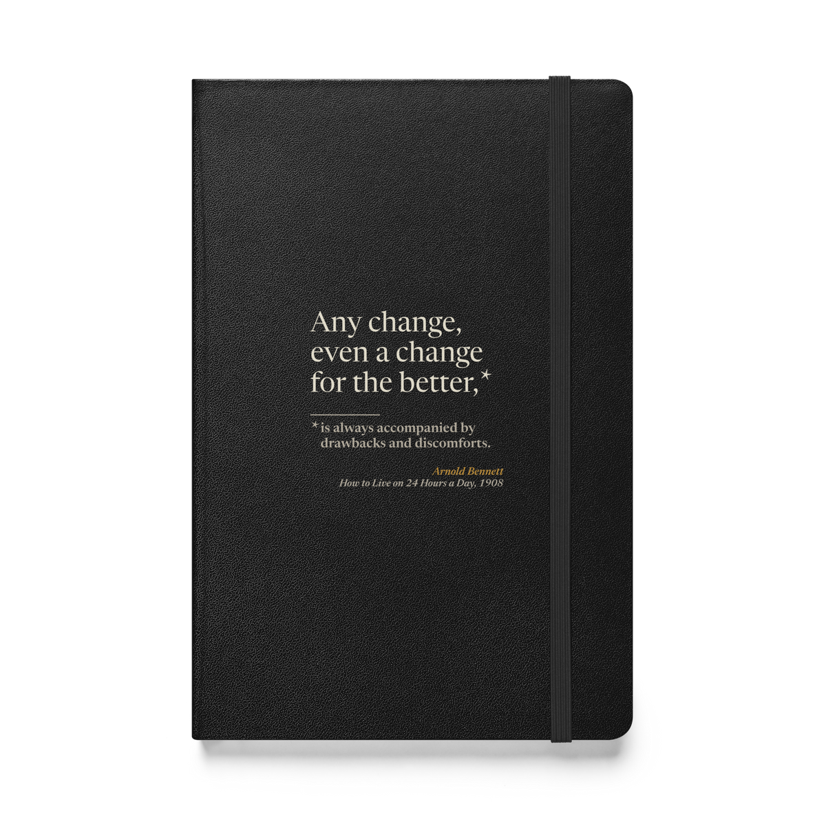 Black hardcover journal, front: Bennett's "Any change, even a change for the better…" with the drawbacks as fine print.