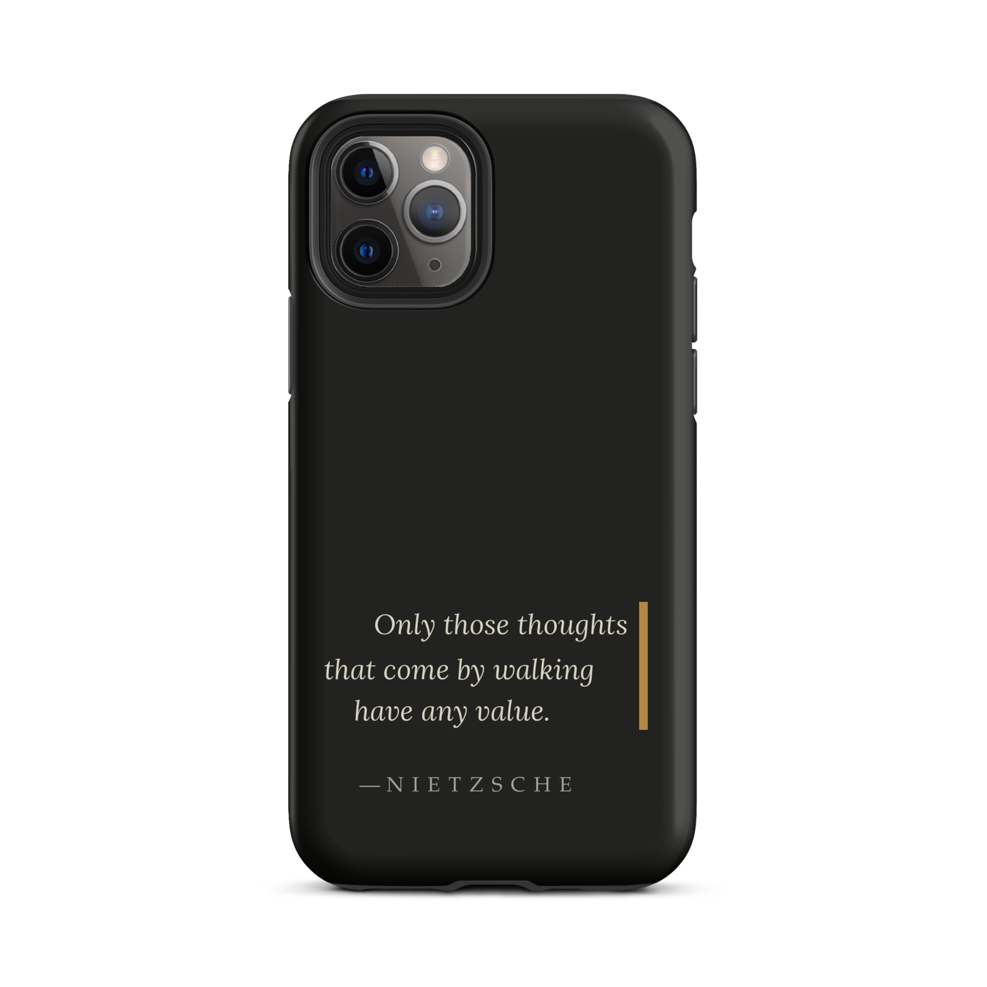 By Walking — Nietzsche Twilight Phone Case — matte black dual-layer case — iPhone 11 Pro front view