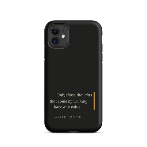 By Walking — Nietzsche Twilight Phone Case — fukinsei design with warm burnished rule — matte black — front view