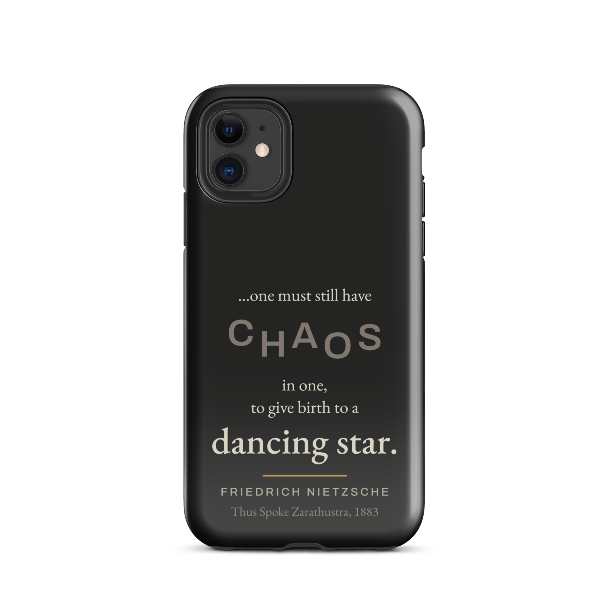 Dancing Star Nietzsche Zarathustra Phone Case — CHAOS and dancing star design — black — iPhone 11 front view