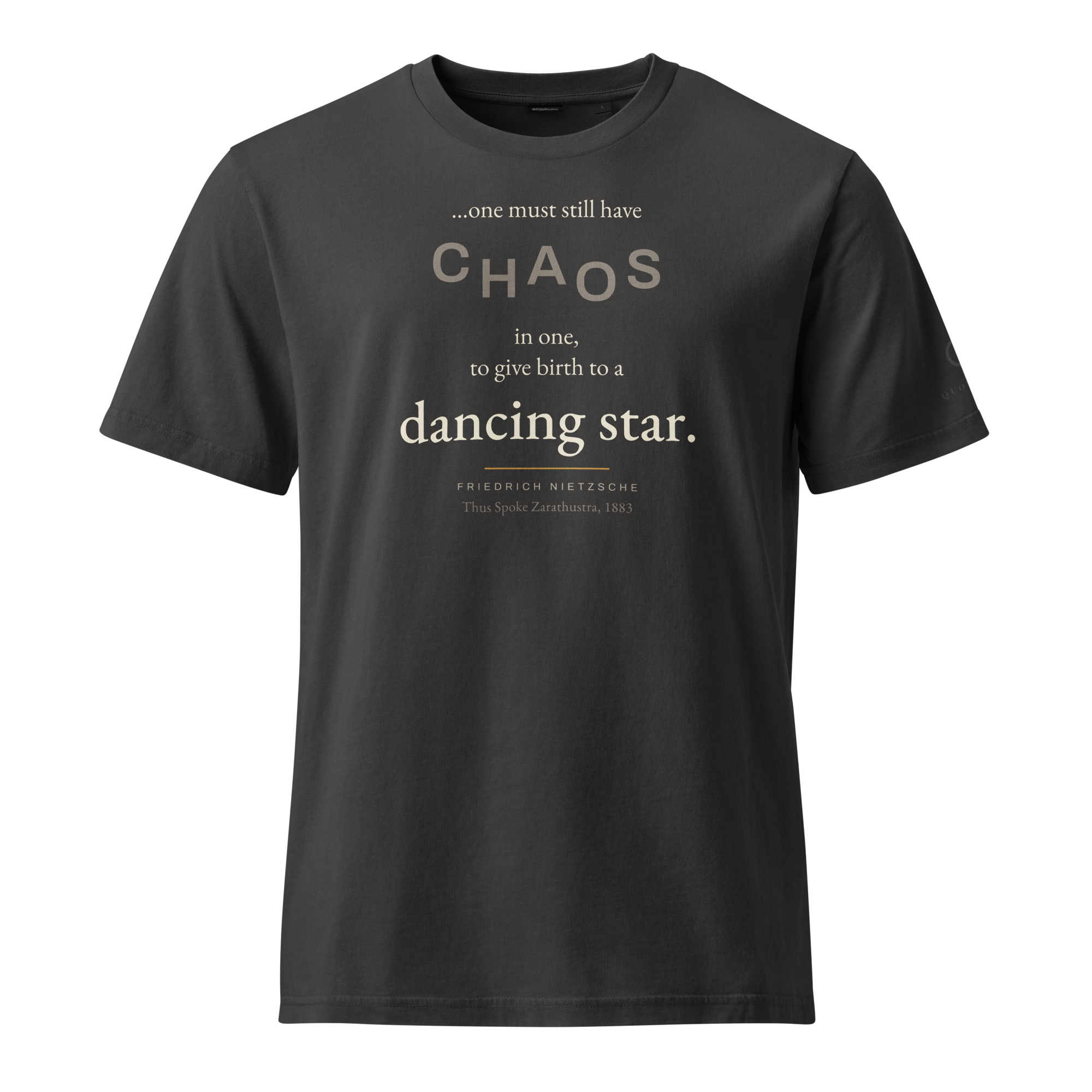 Dancing Star Nietzsche Zarathustra Organic Cotton T-Shirt — CHAOS design on garment-washed organic cotton — black rock — front view