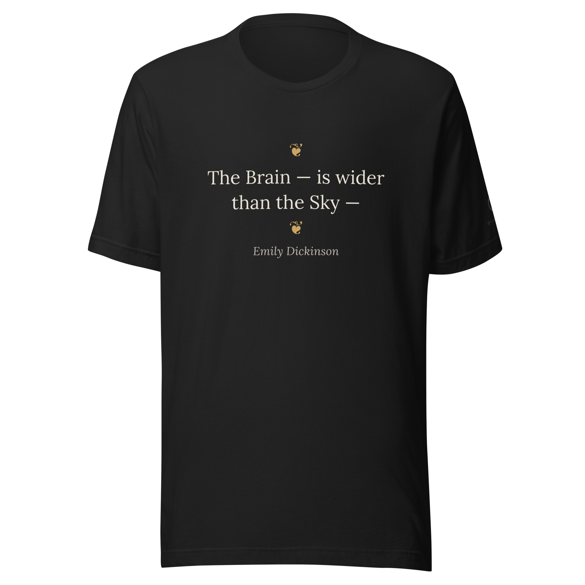 Fleur de Brainiac Tee — Emily Dickinson — Victorian hedera ornaments framing Brain quote — black — front view