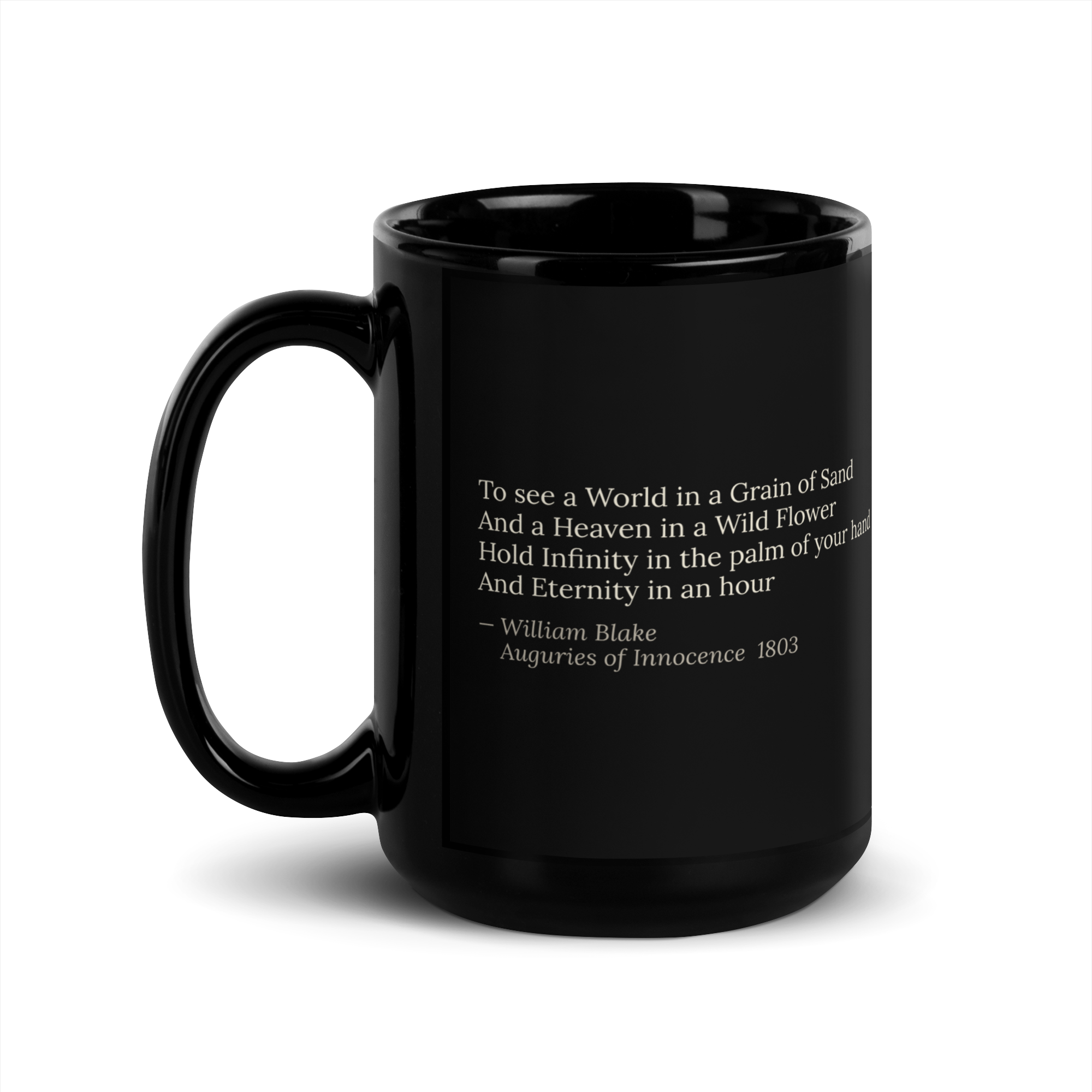 Grain of Sand Mug — William Blake — two-sided print — black glossy 15 oz —