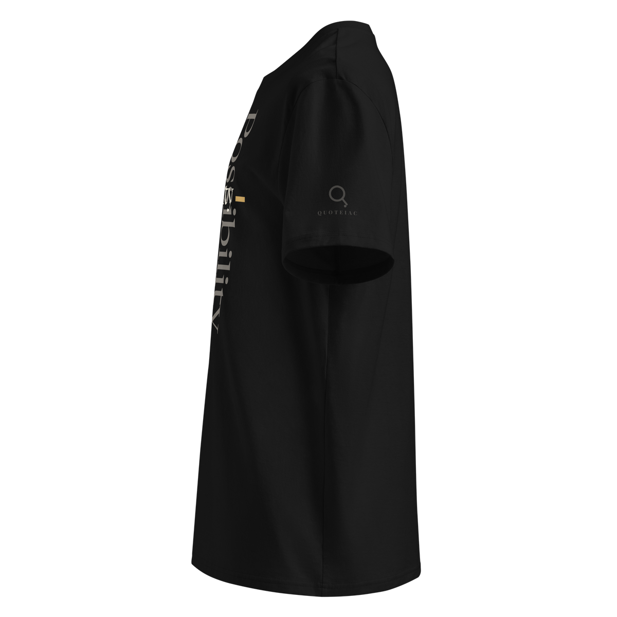 Black organic tee, left side view: the edge of the design and the Quoteiac logo on the sleeve.