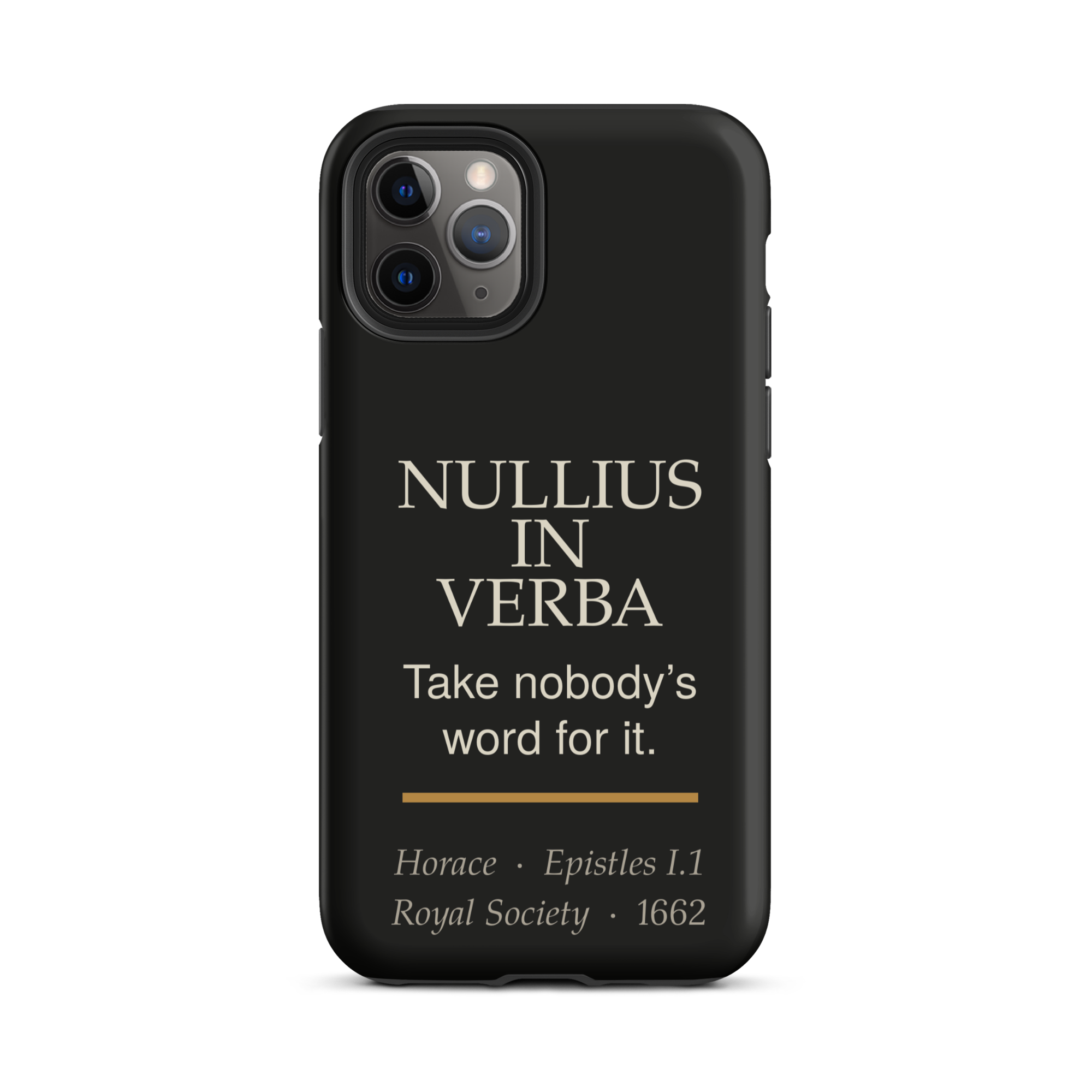 Nullius in Verba — Horace — phone case — literary heretics — black — detail view — Quoteiac