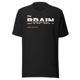 Black t-shirt, front: "The Brain — is wider than the Sky —" Emily Dickinson, with BRAIN cut through by the line.