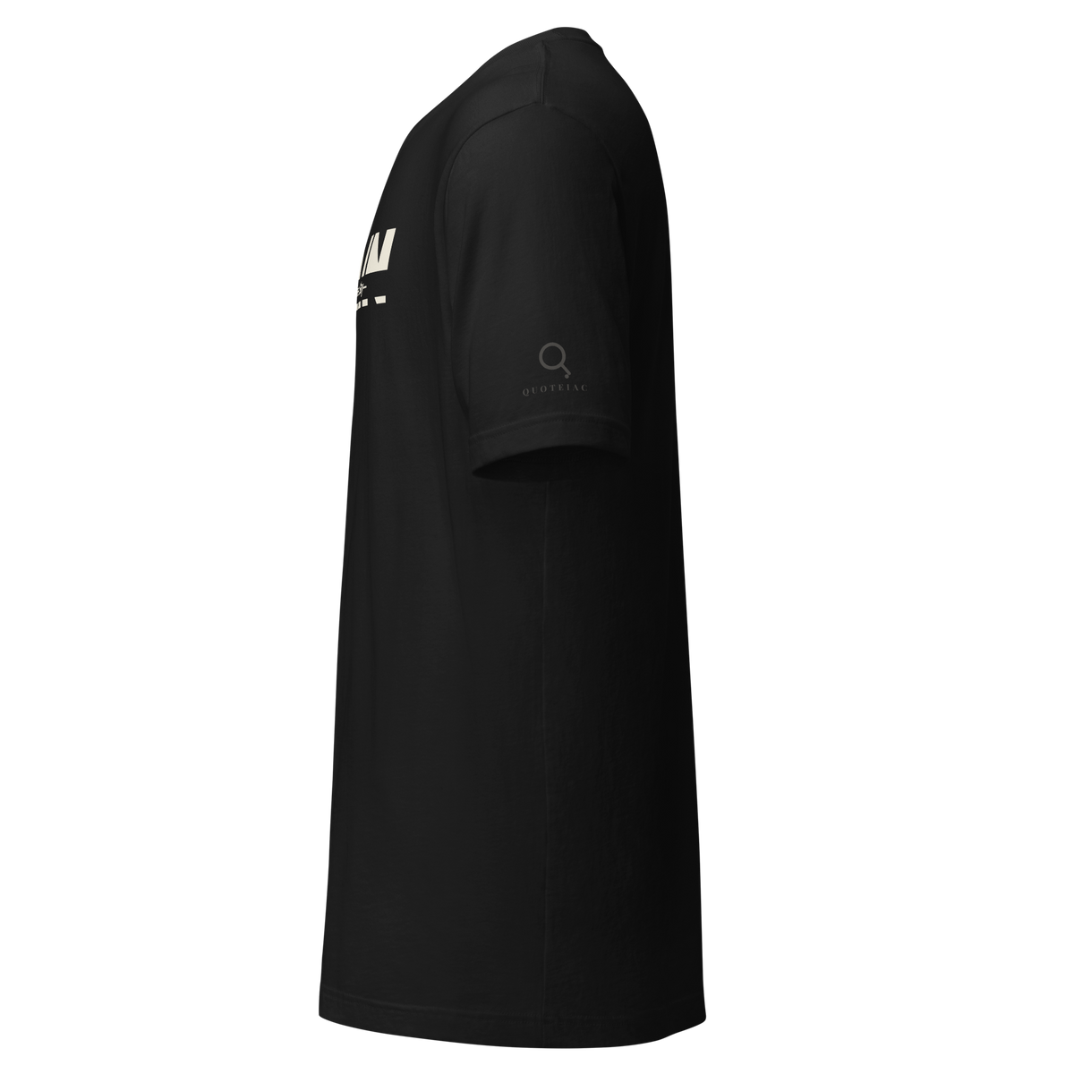 Black tee, left side view: the edge of the quote and the Quoteiac logo on the sleeve.