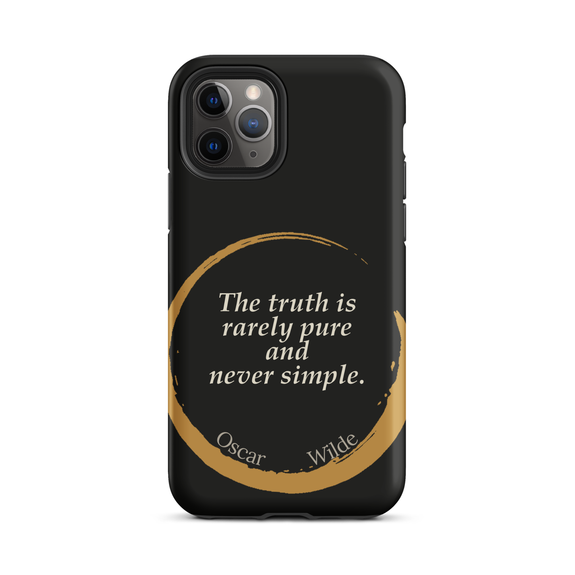 Black phone case, back view: "The truth is rarely pure and never simple" by Oscar Wilde, inside an enso brushstroke that wraps around the edge of the case.