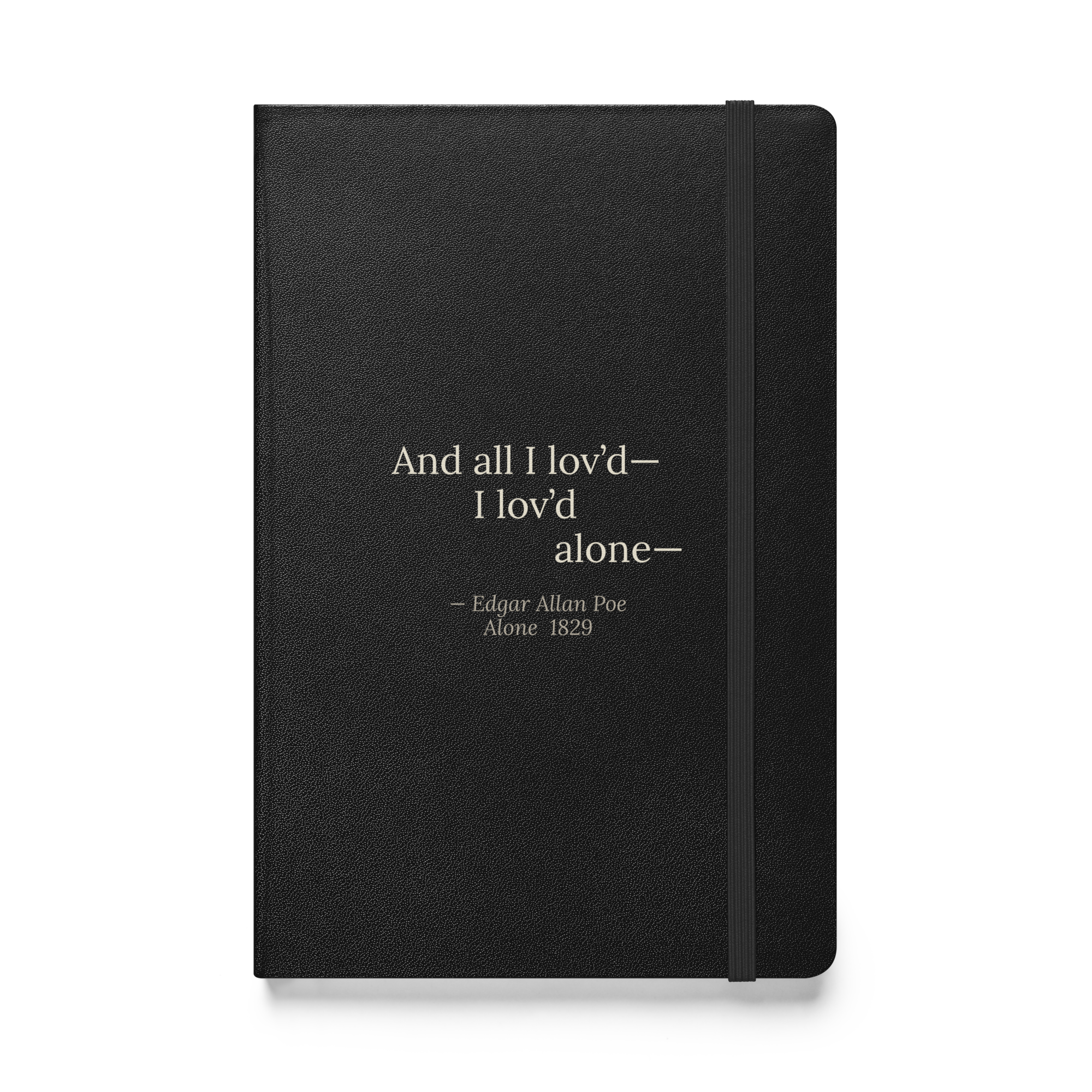 The Alone Journal — Edgar Allan Poe — staircase quote with em dashes on black hardcover — front view