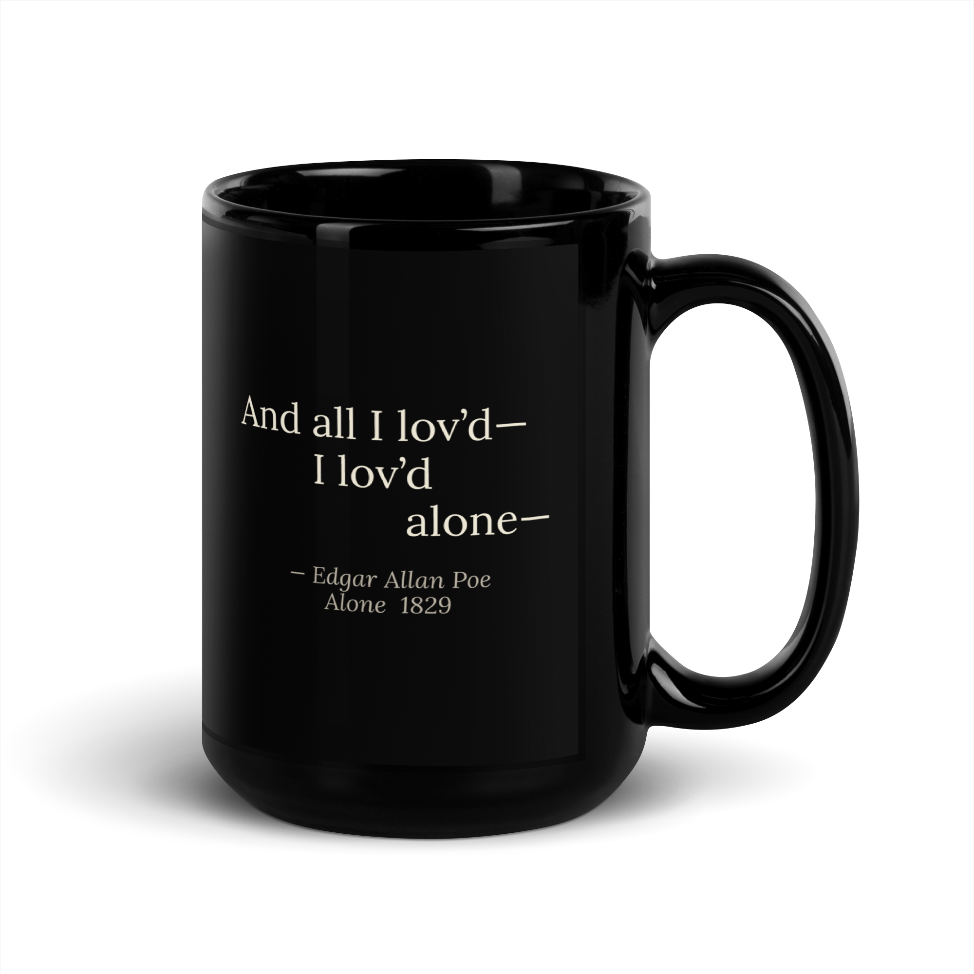 The Alone Mug — Edgar Allan Poe — staircase layout with em dashes — black glossy 15 oz