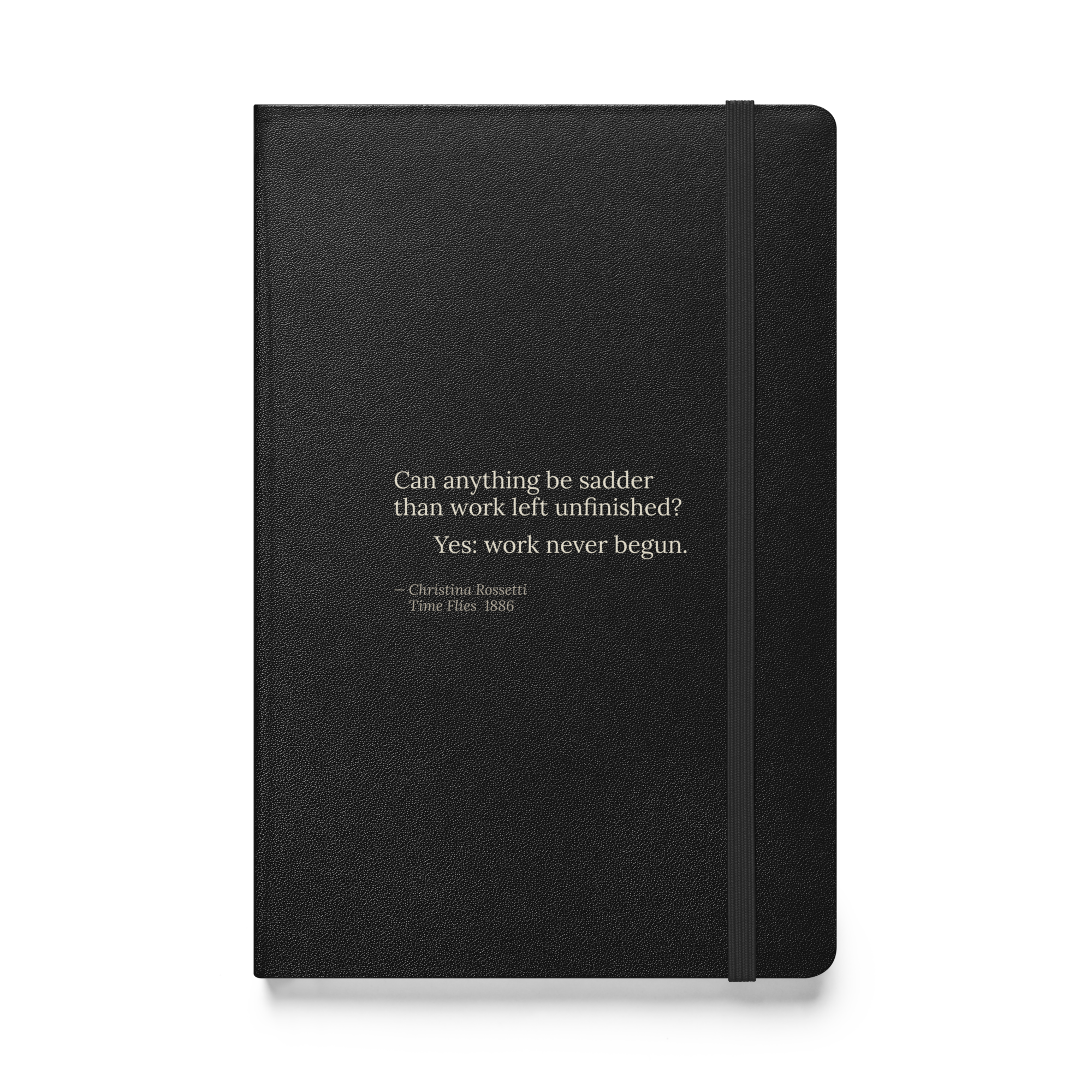 The Unbegun Journal — Christina Rossetti — question and verdict on black hardcover — front view