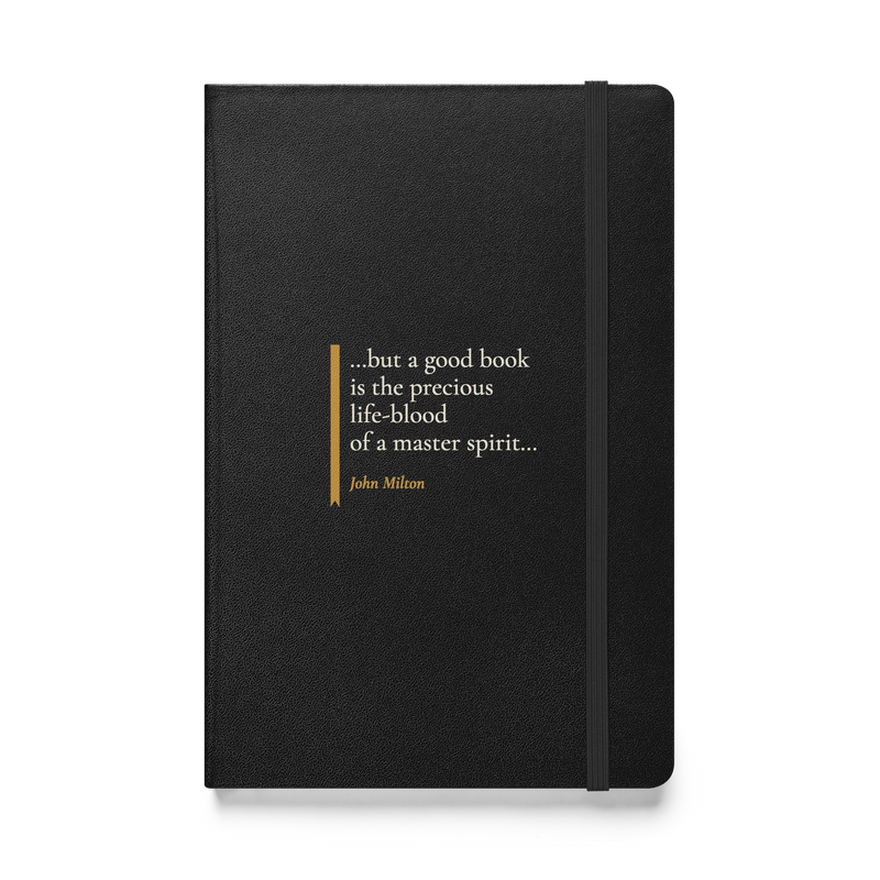 Black journal, front: “…but a good book is the precious life-blood of a master spirit…” John Milton, beside a ribbon.