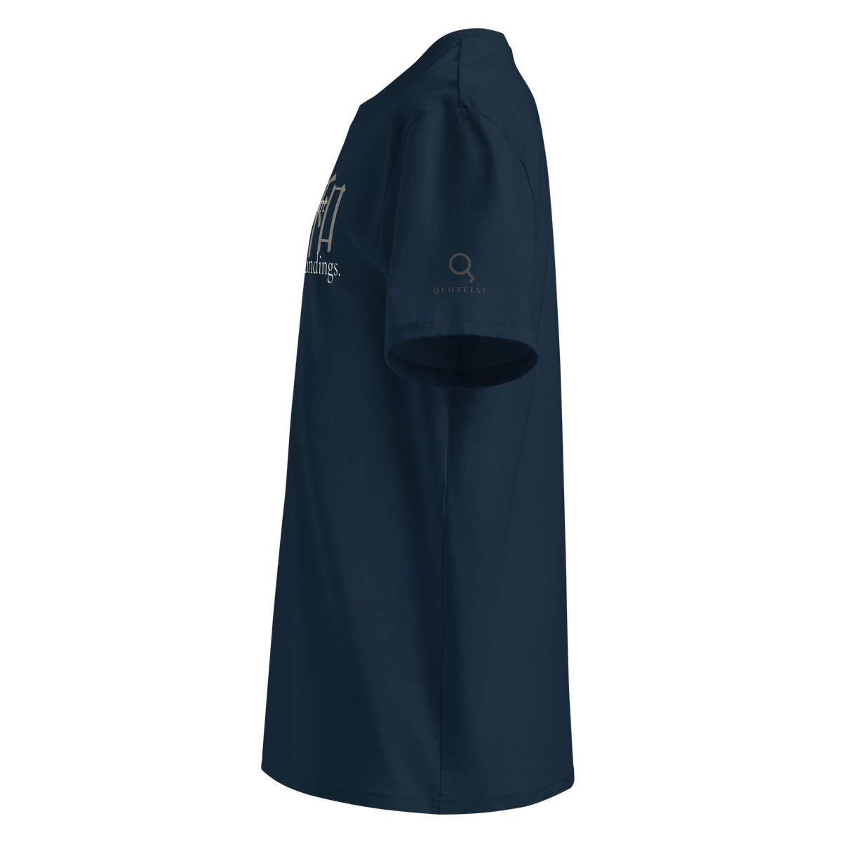 Navy organic t-shirt, left side view: the Quoteiac logo on the sleeve.