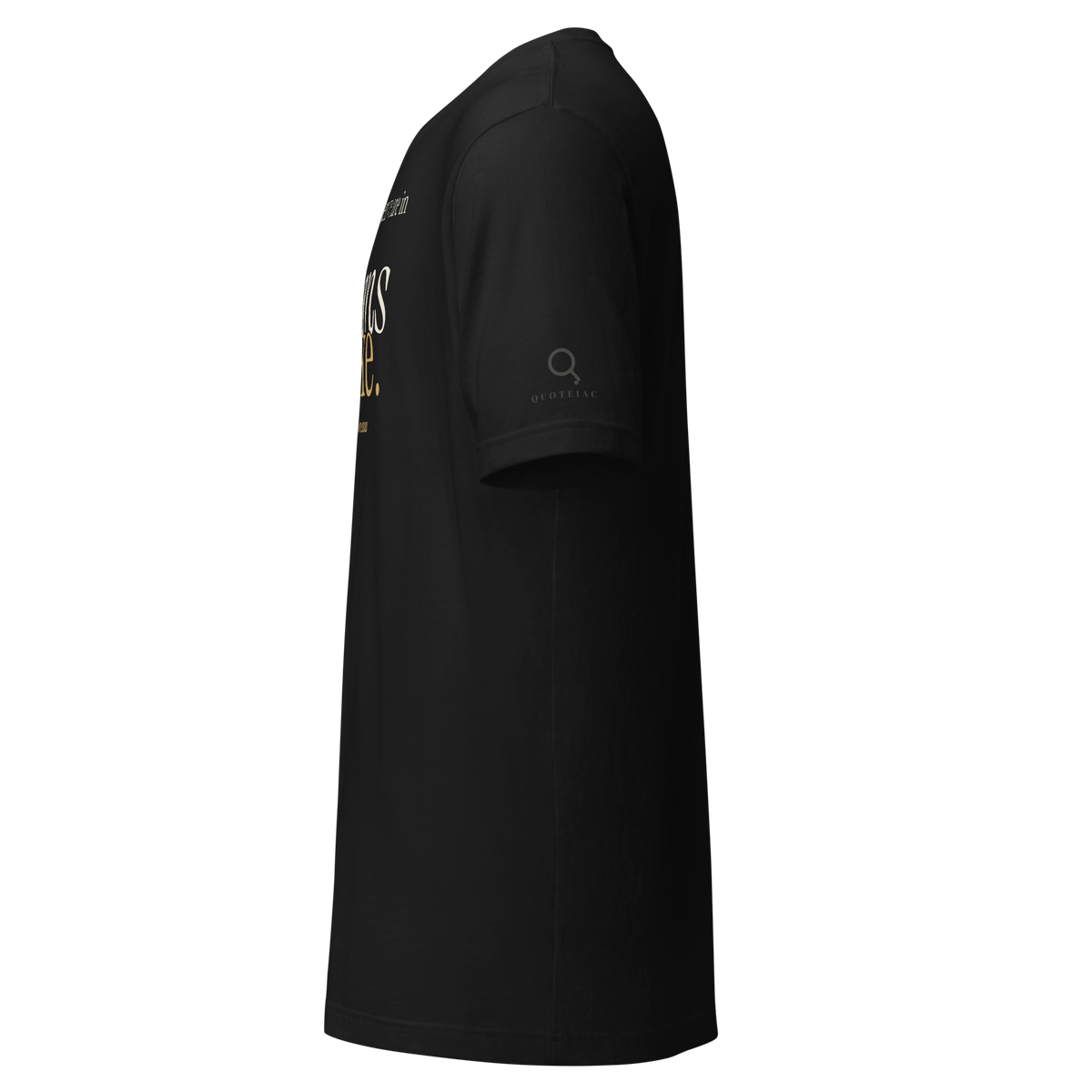 Black t-shirt, left side view: the Quoteiac logo on the sleeve.