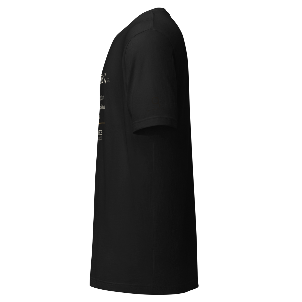 Black t-shirt, left side view: the Quoteiac logo on the sleeve.