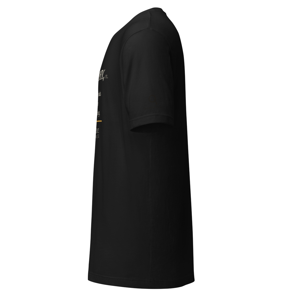 Black t-shirt, left side view: the Quoteiac logo on the sleeve.