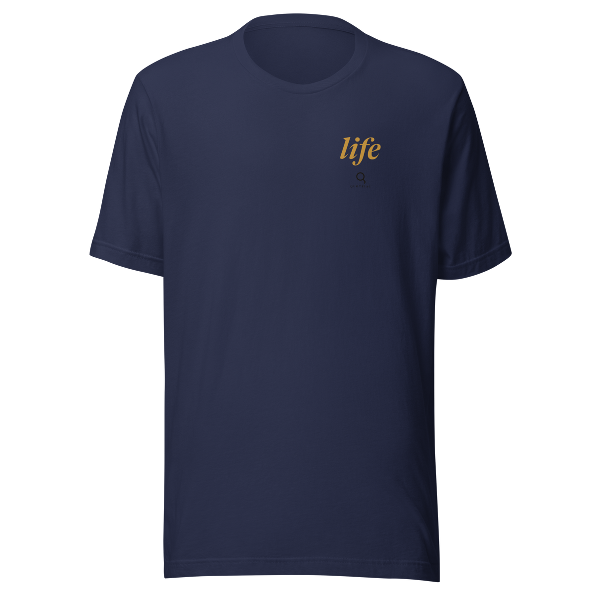 Navy t-shirt, front: “life” on the left chest in warm matte gold, over a tone-on-tone Quoteiac logo.