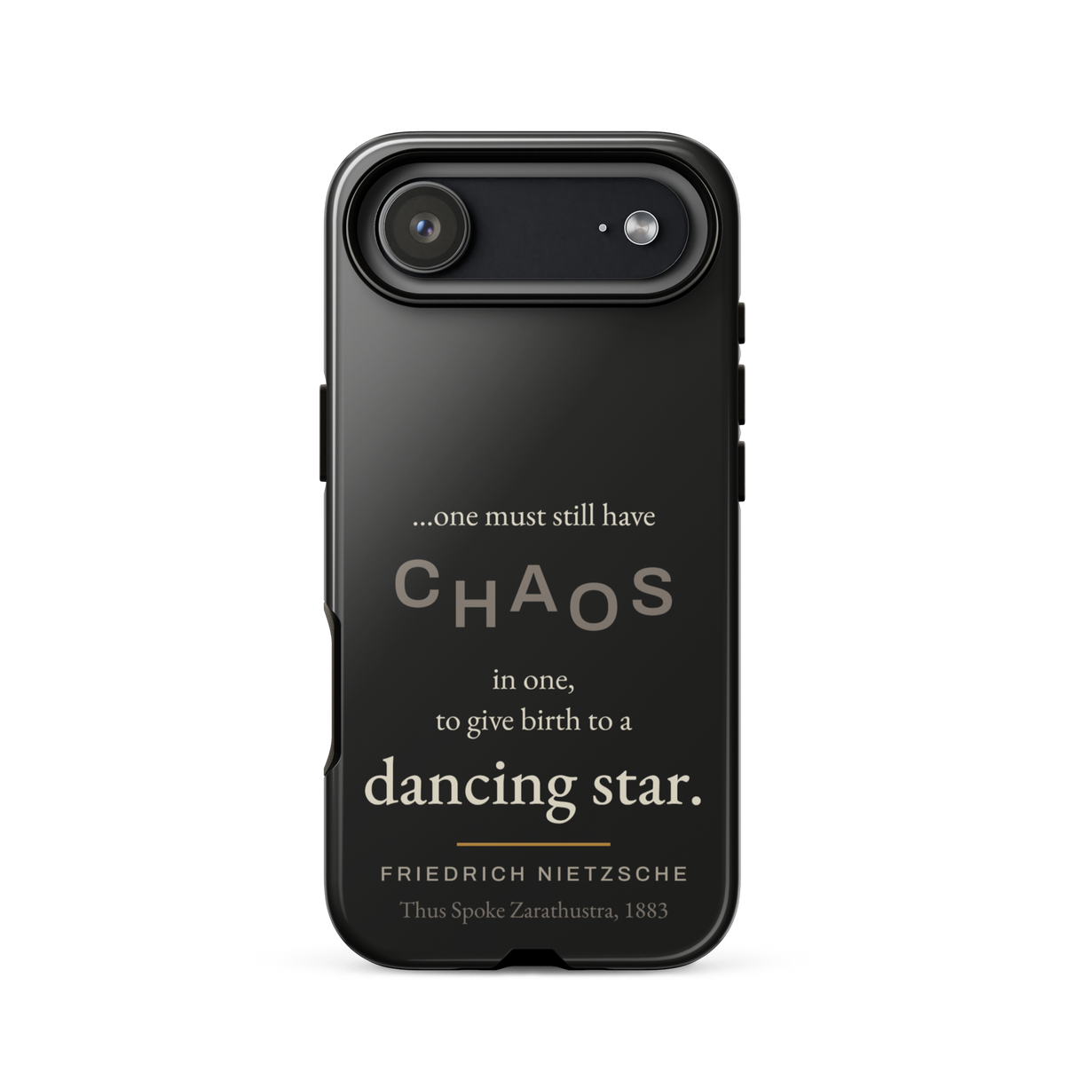 Black phone case for iPhone 17 Air: “…one must still have CHAOS in one, to give birth to a dancing star.” Nietzsche.