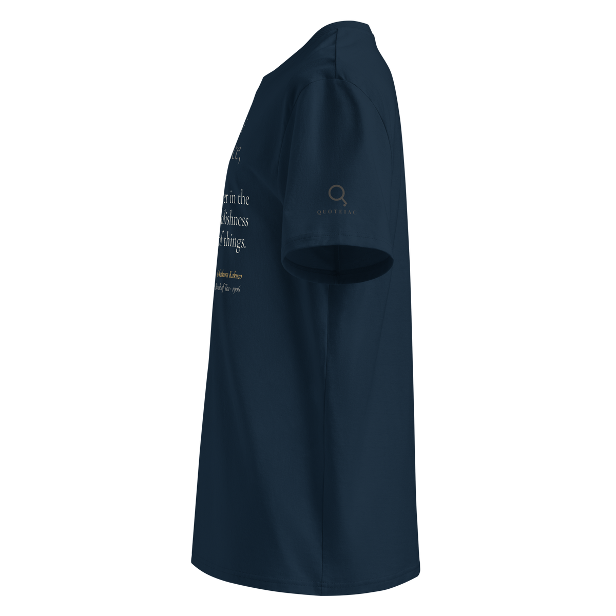 Navy organic t-shirt, left side view: the Quoteiac logo on the sleeve.