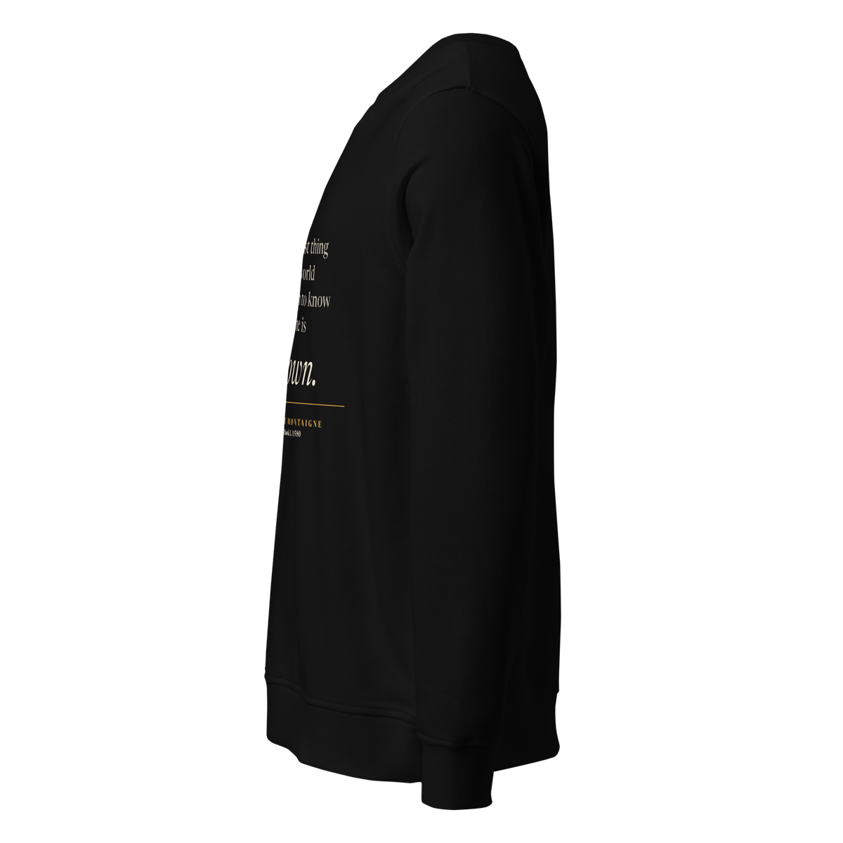 Black organic sweatshirt, left side view: the Quoteiac logo on the sleeve.