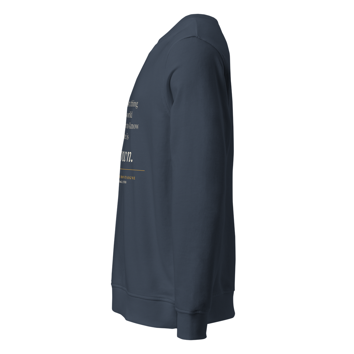 Navy organic sweatshirt, left side view: the Quoteiac logo on the sleeve.
