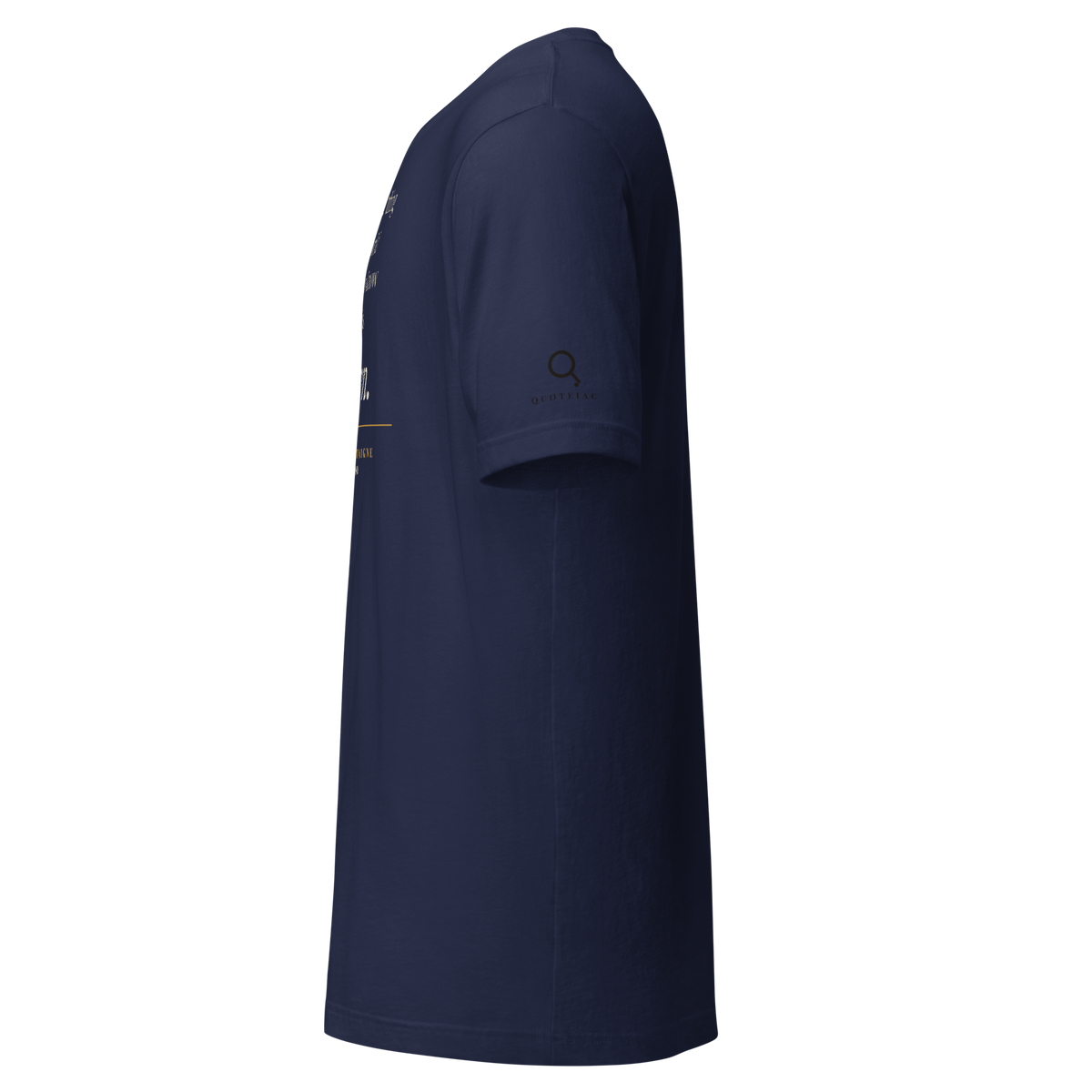 Navy t-shirt, left side view: the Quoteiac logo on the sleeve.